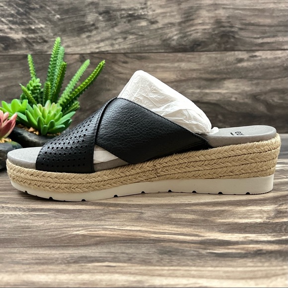 Earth Modena Marigold Espadrille Platform Wedge Slide Sandal 8.5M Black Leather - Picture 7 of 11